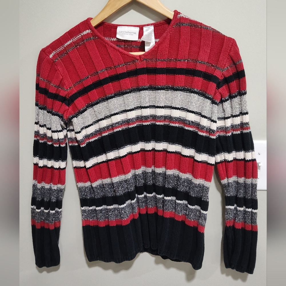 90s LIZ CLAIBORNE Ribbed Knit Cotton Sweater red black gray white Stripe, Size M